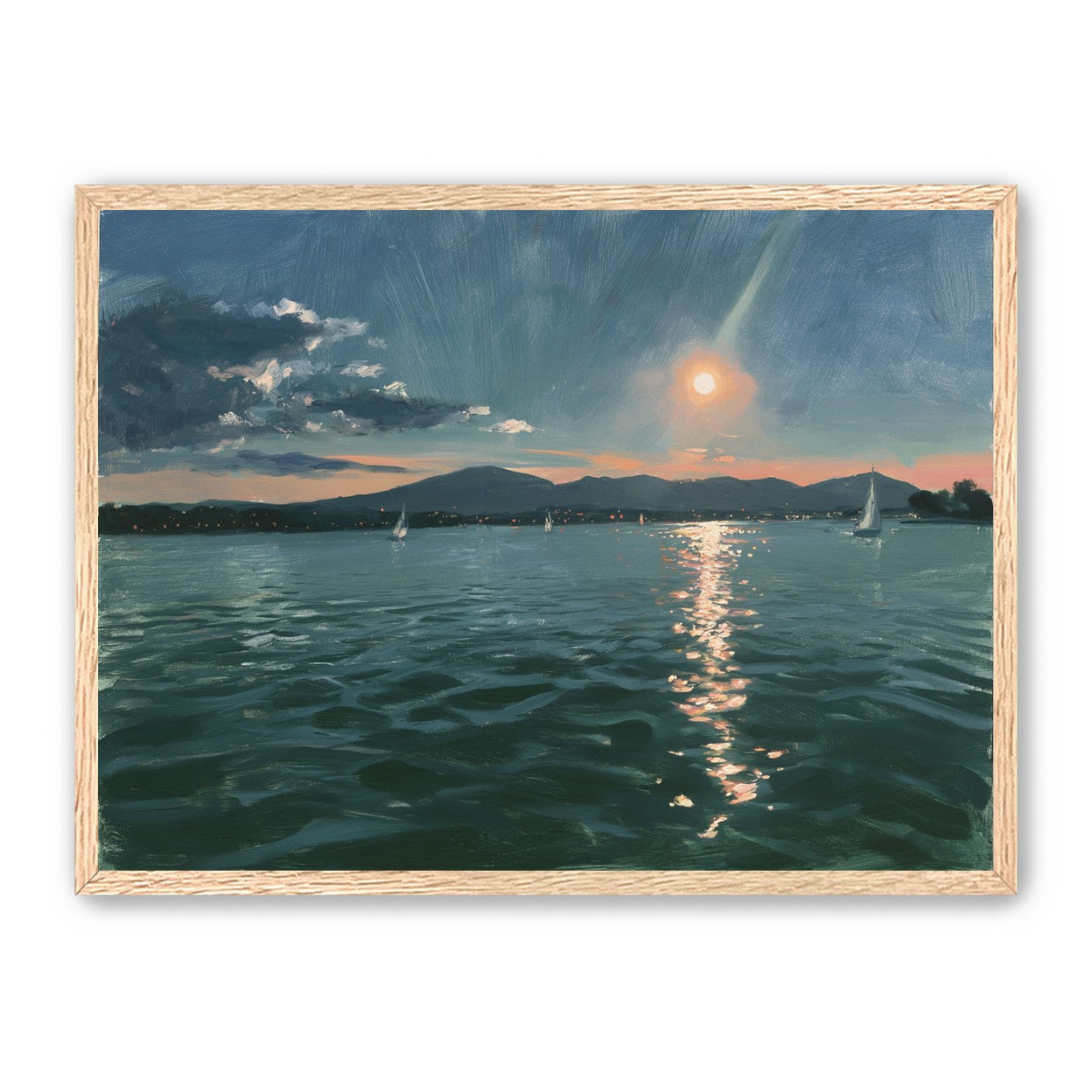 Peach sun on blue water