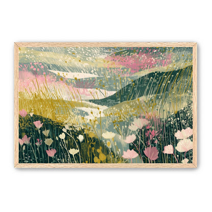 Wildflowers across layered hills