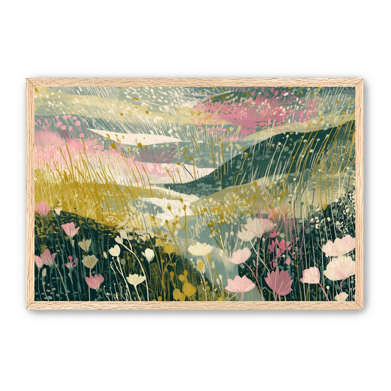 Wildflowers across layered hills