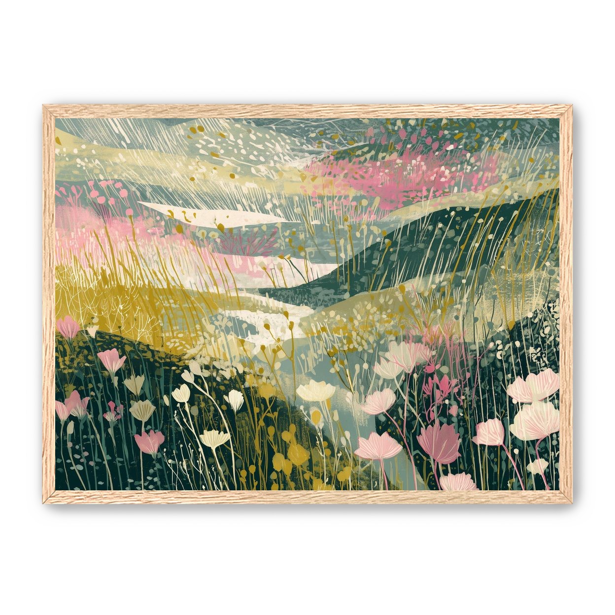 Wildflowers across layered hills