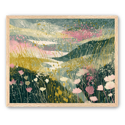 Wildflowers across layered hills