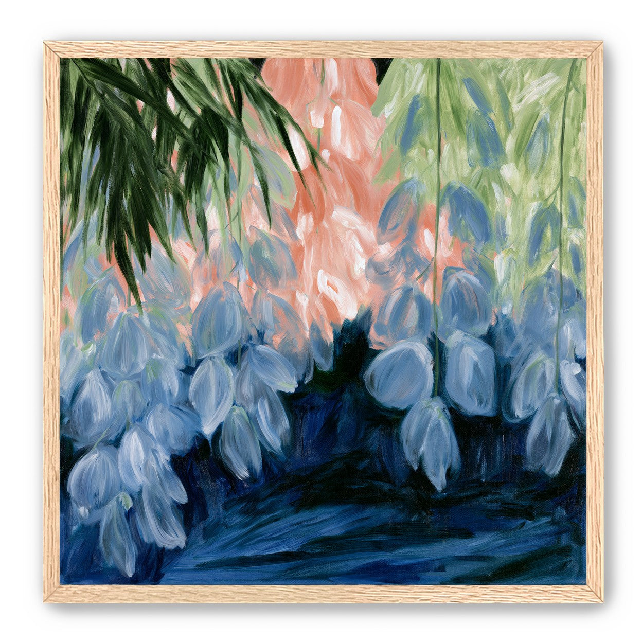Blue flowers under green leaves