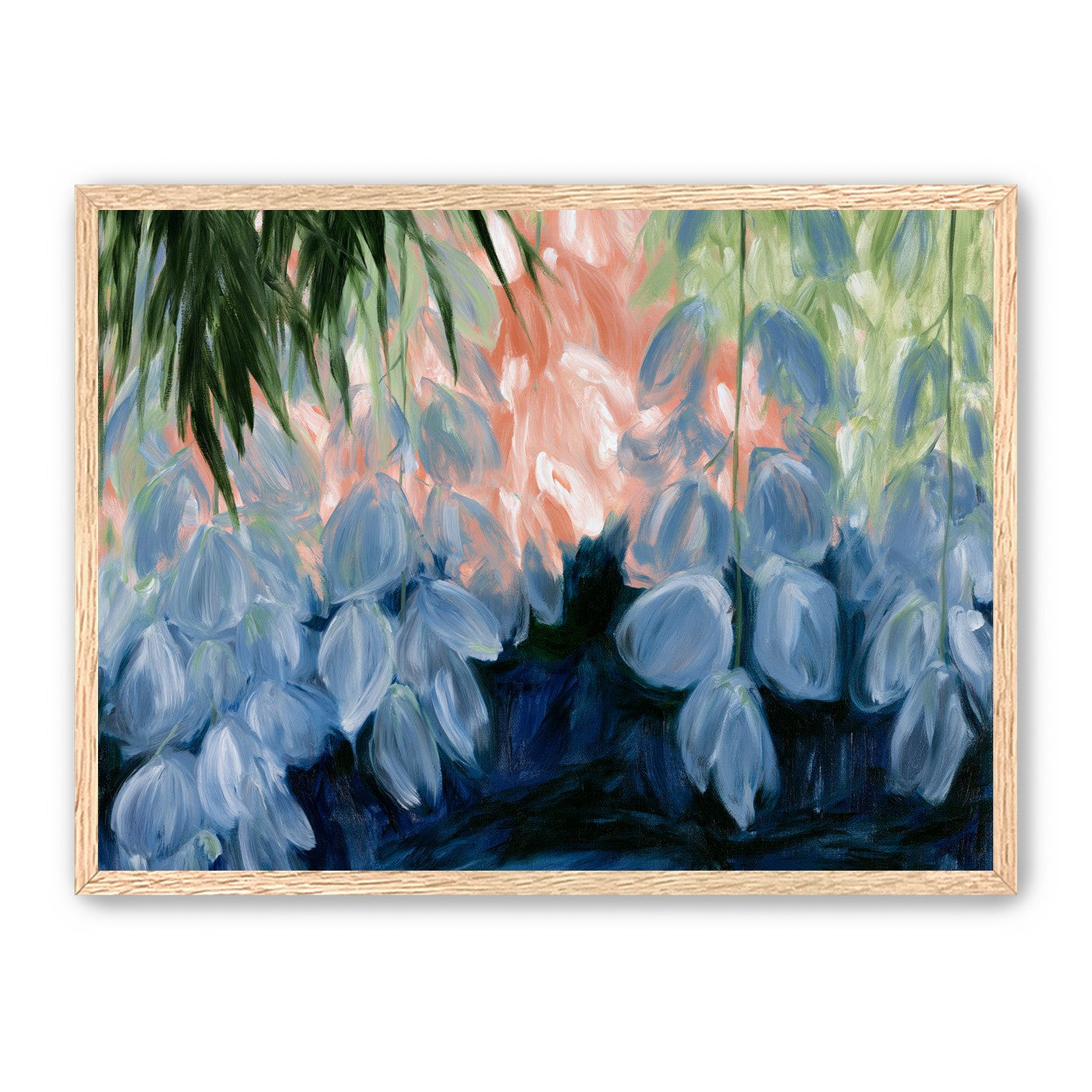 Blue flowers under green leaves