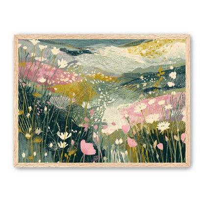 Teal sky over pink meadow