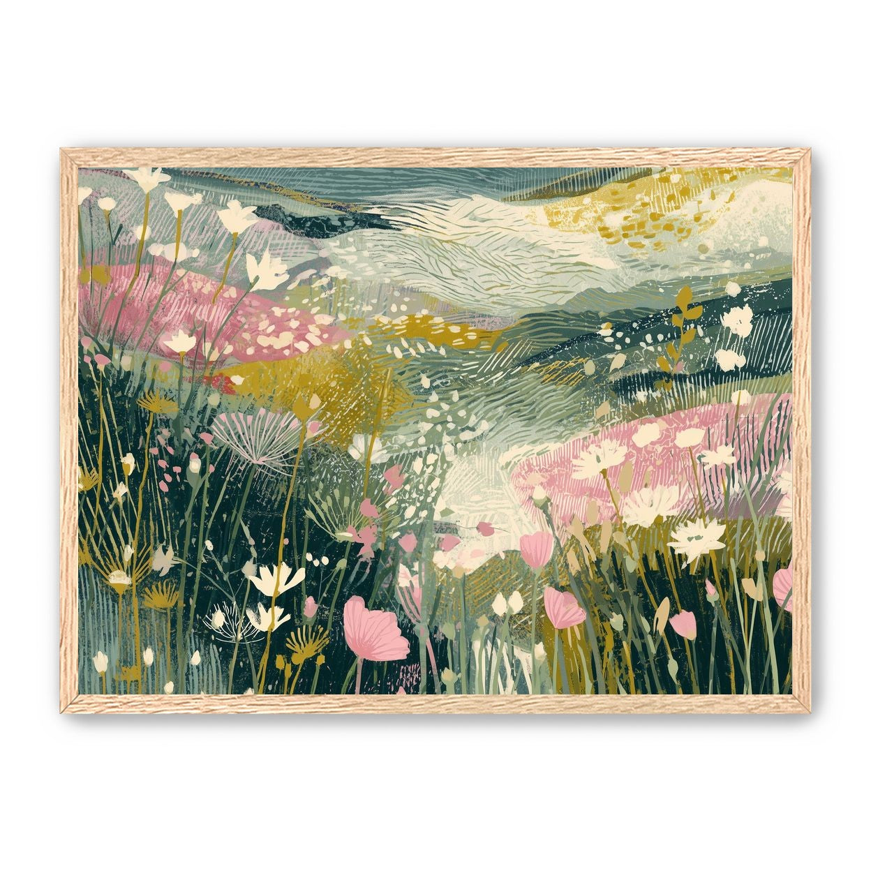 Teal sky over pink meadow