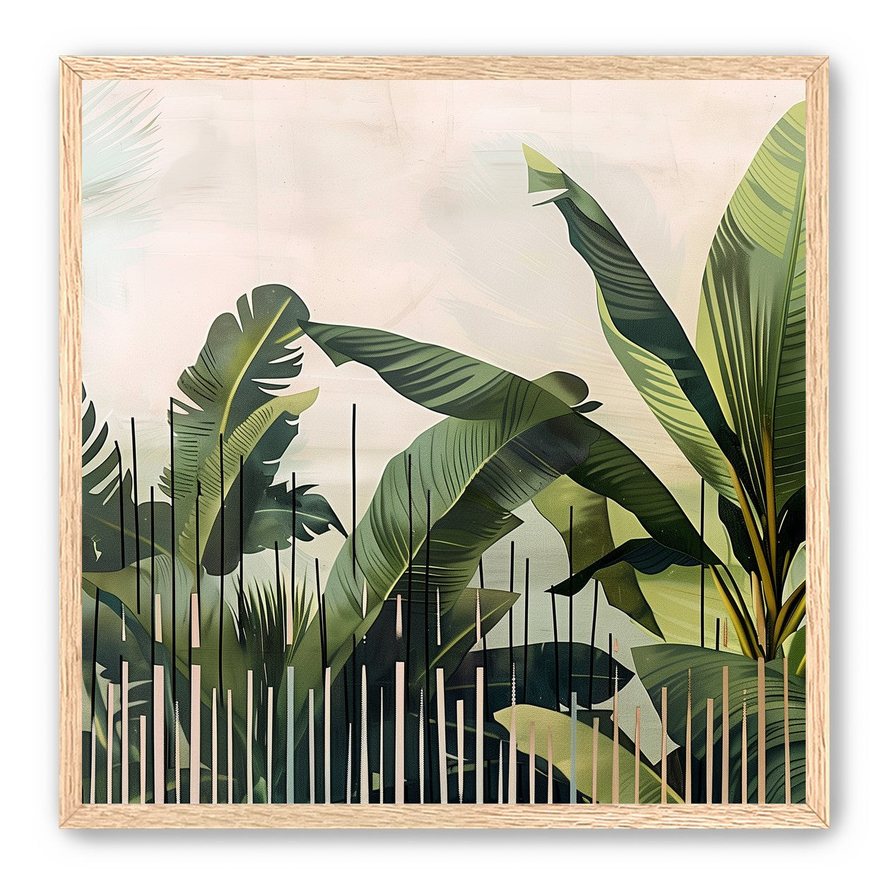 Tropical leaves behind black bars