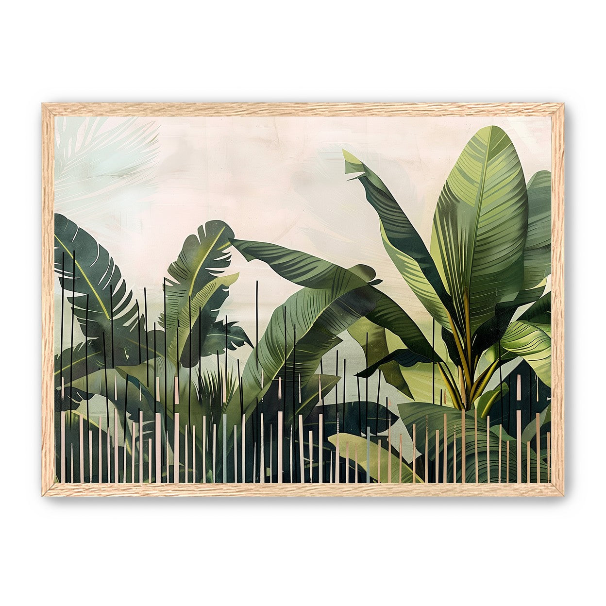 Tropical leaves behind black bars