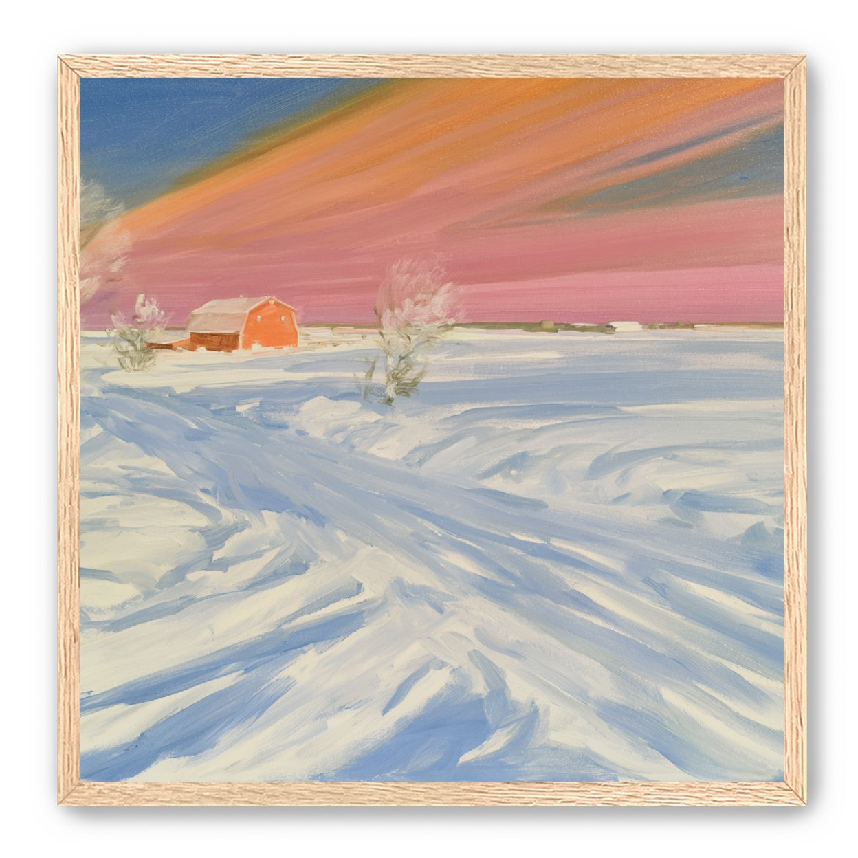Pink sky over the red barn