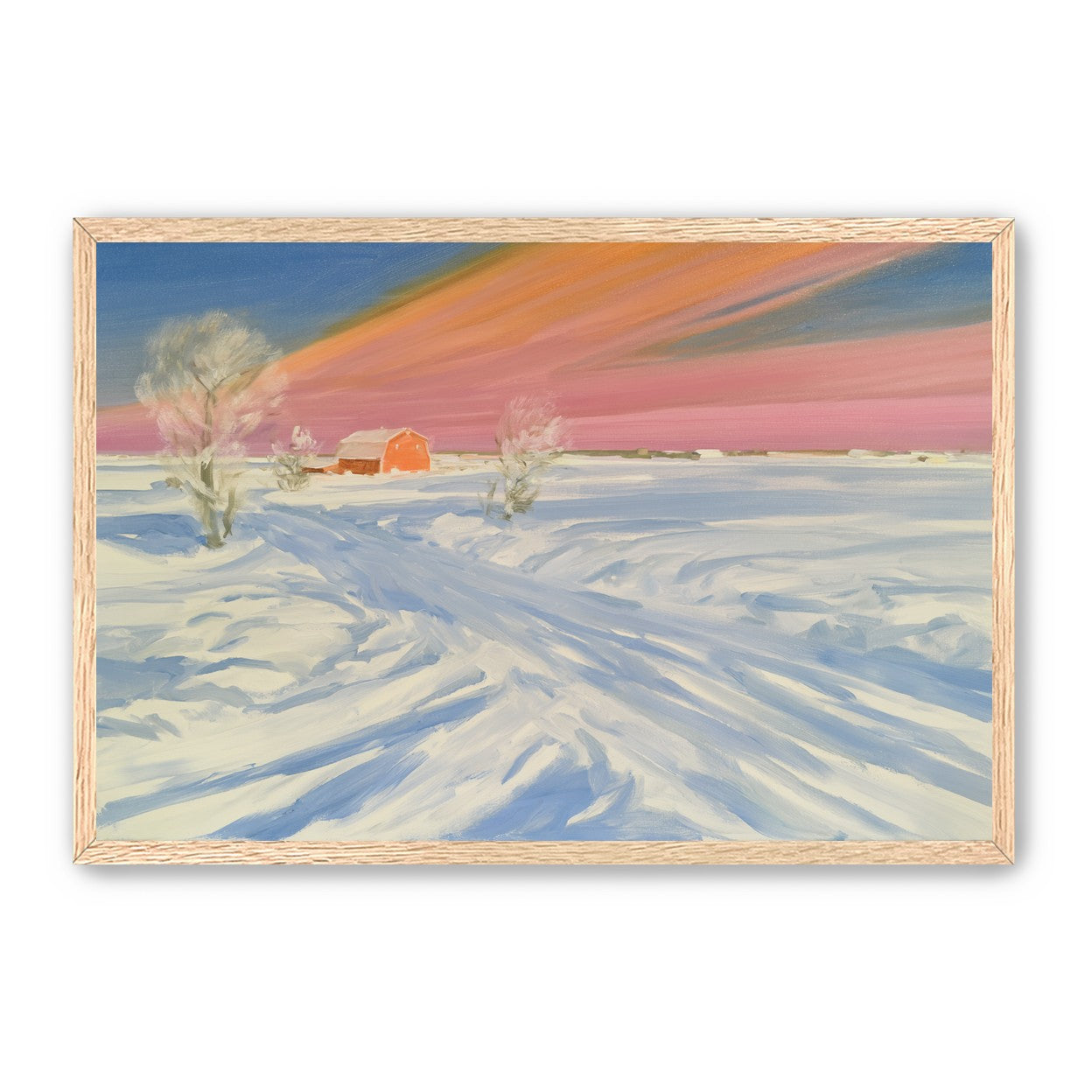 Pink sky over the red barn