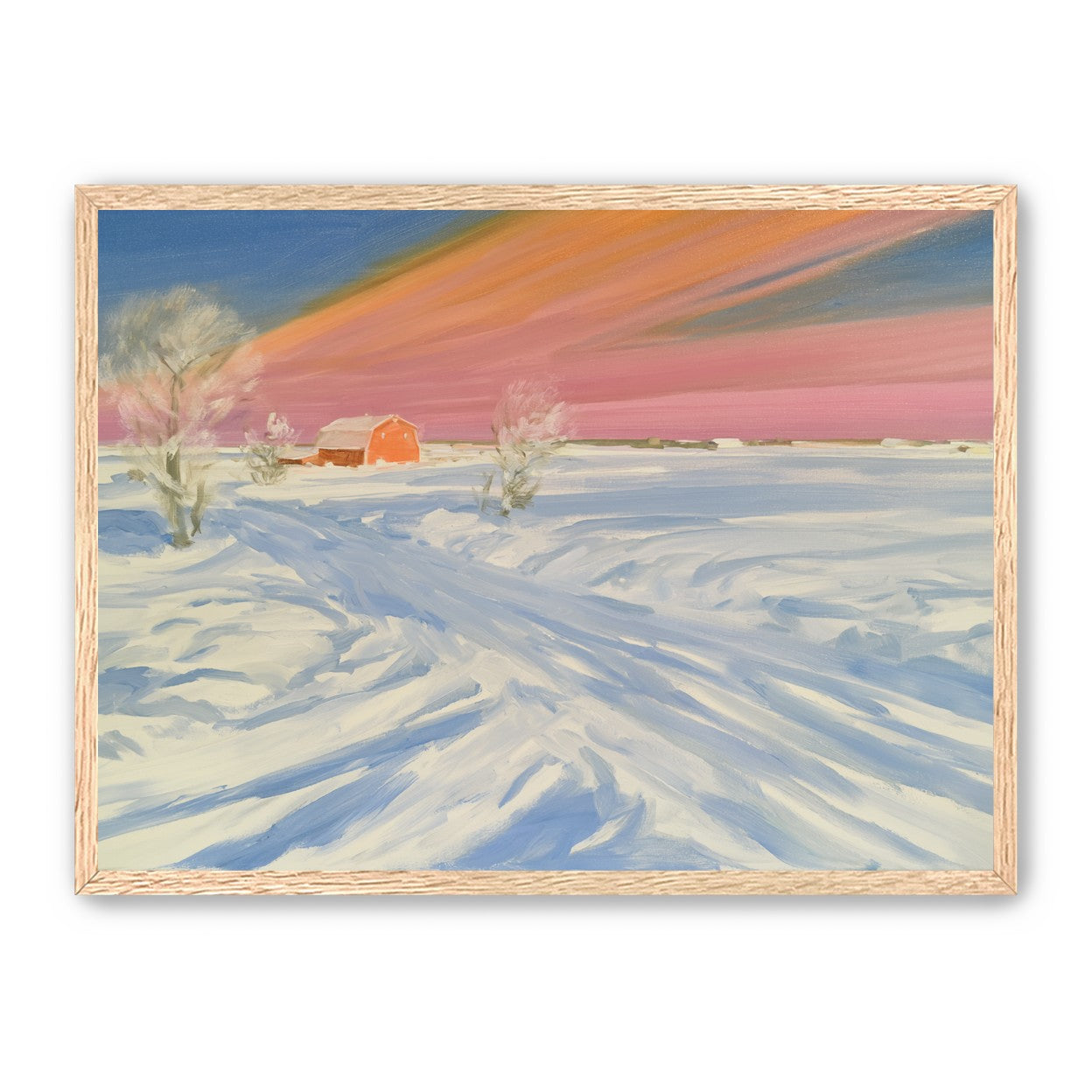 Pink sky over the red barn