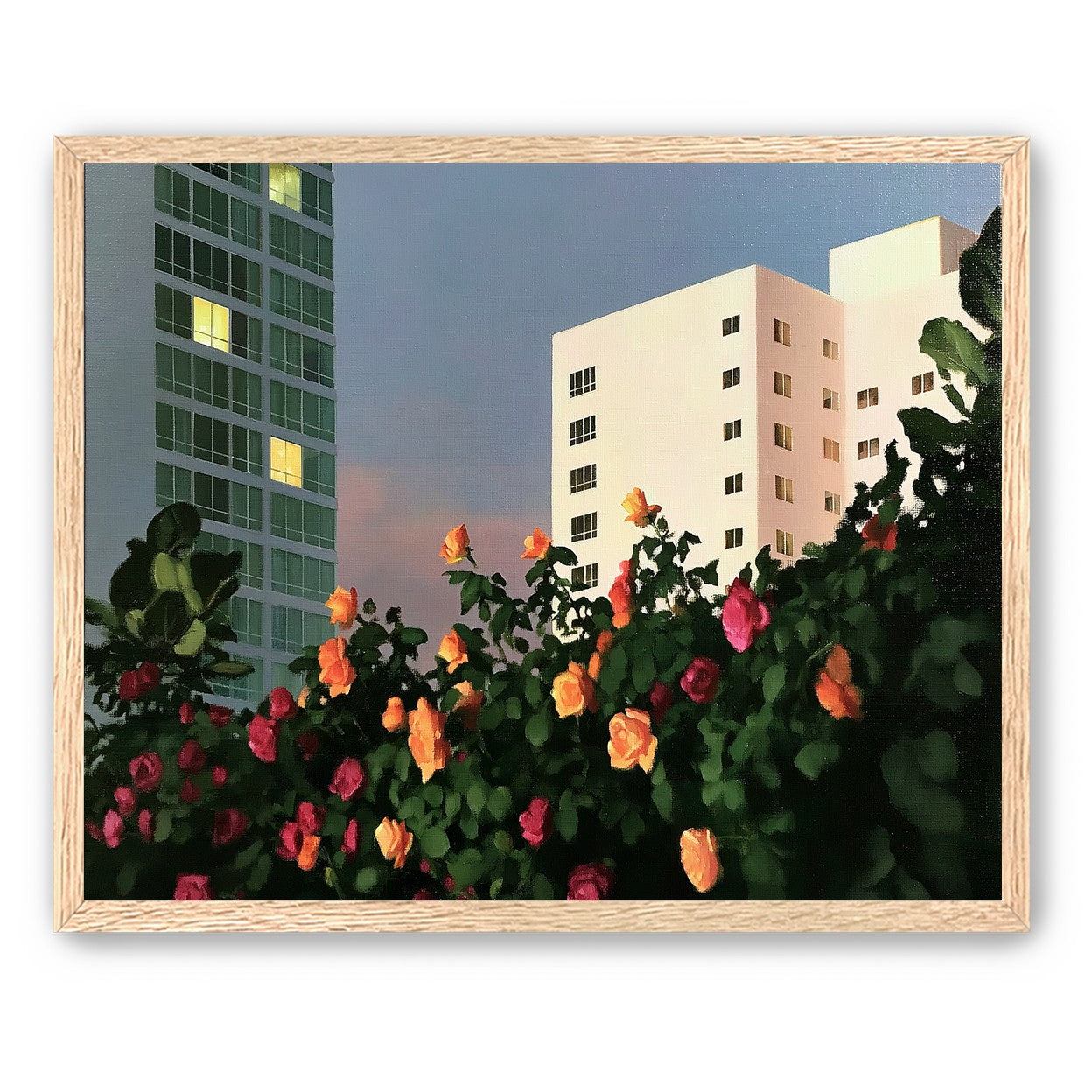 Roses below lit windows
