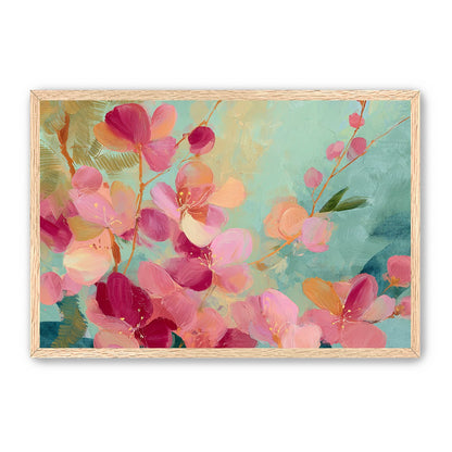 Pink blossoms drifting through teal
