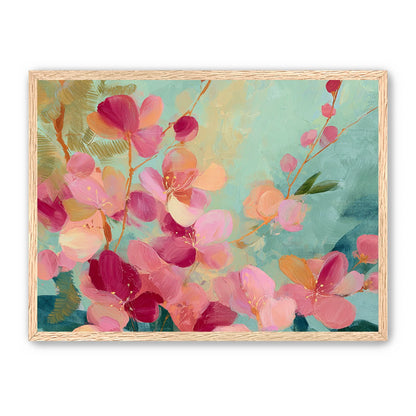 Pink blossoms drifting through teal