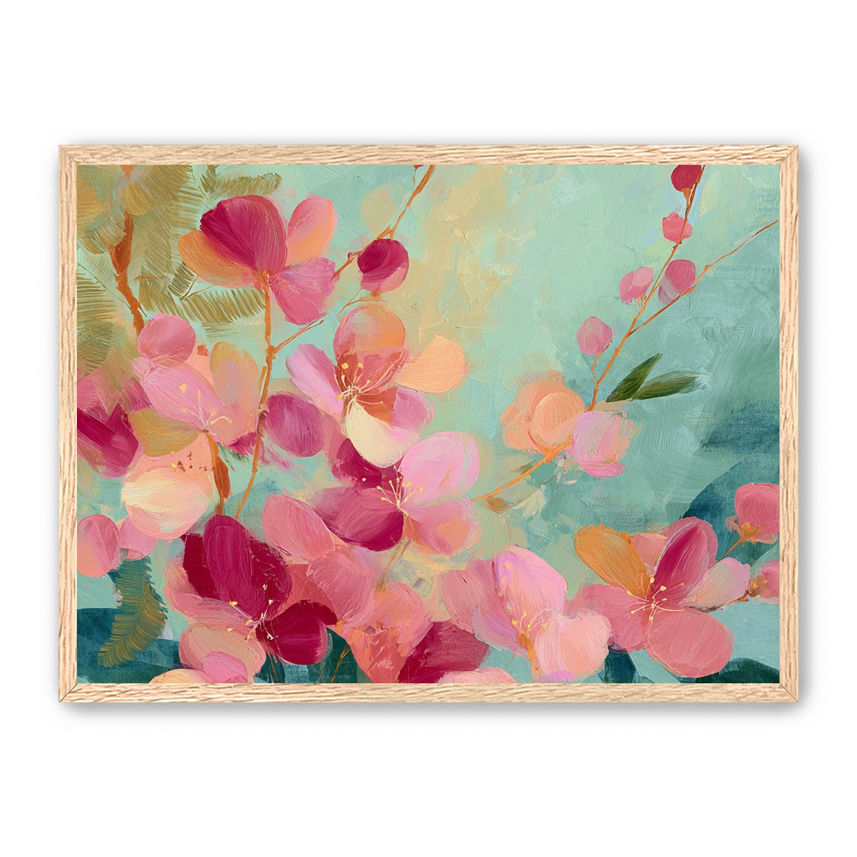 Pink blossoms drifting through teal