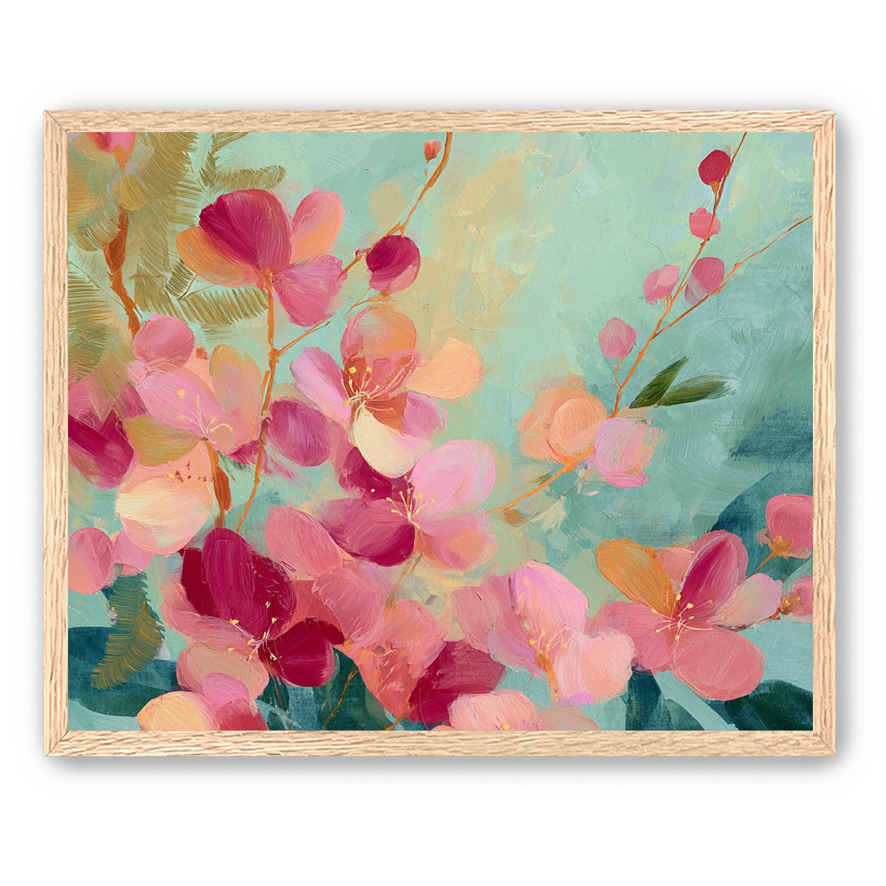 Pink blossoms drifting through teal