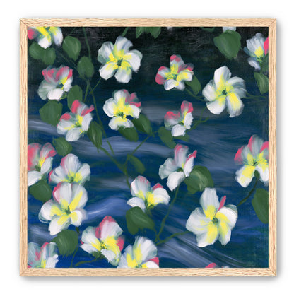 White flowers across deep blue