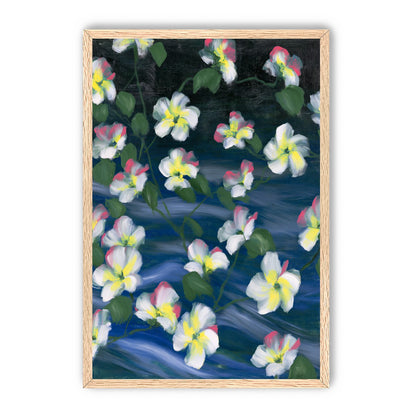White flowers across deep blue