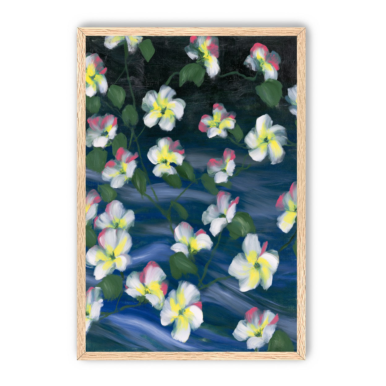White flowers across deep blue