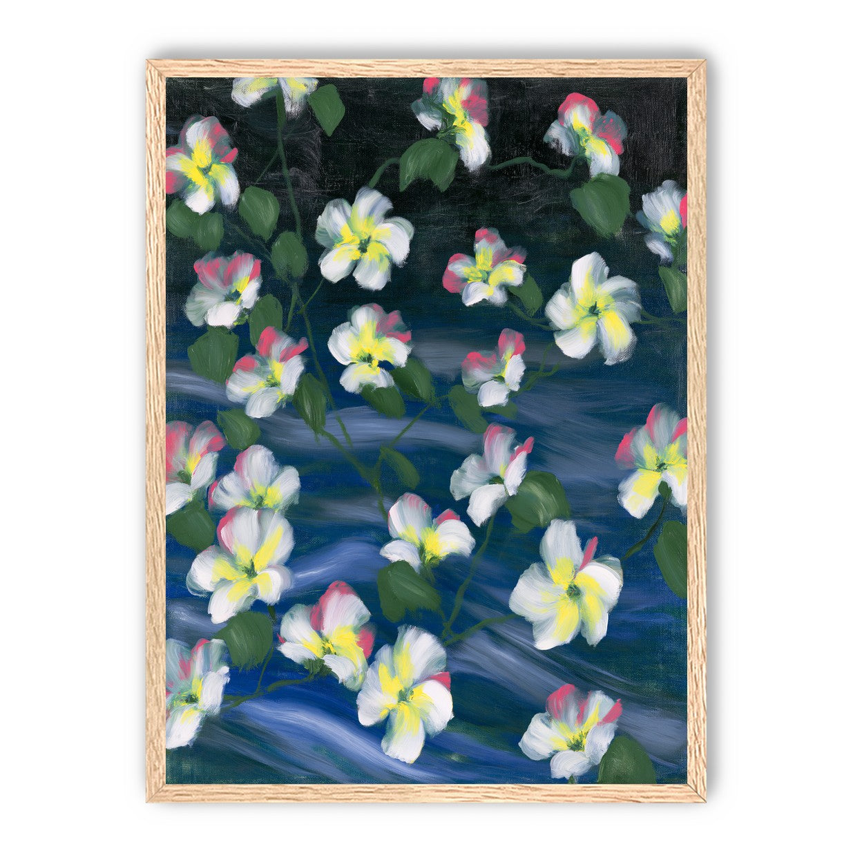 White flowers across deep blue