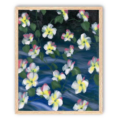 White flowers across deep blue