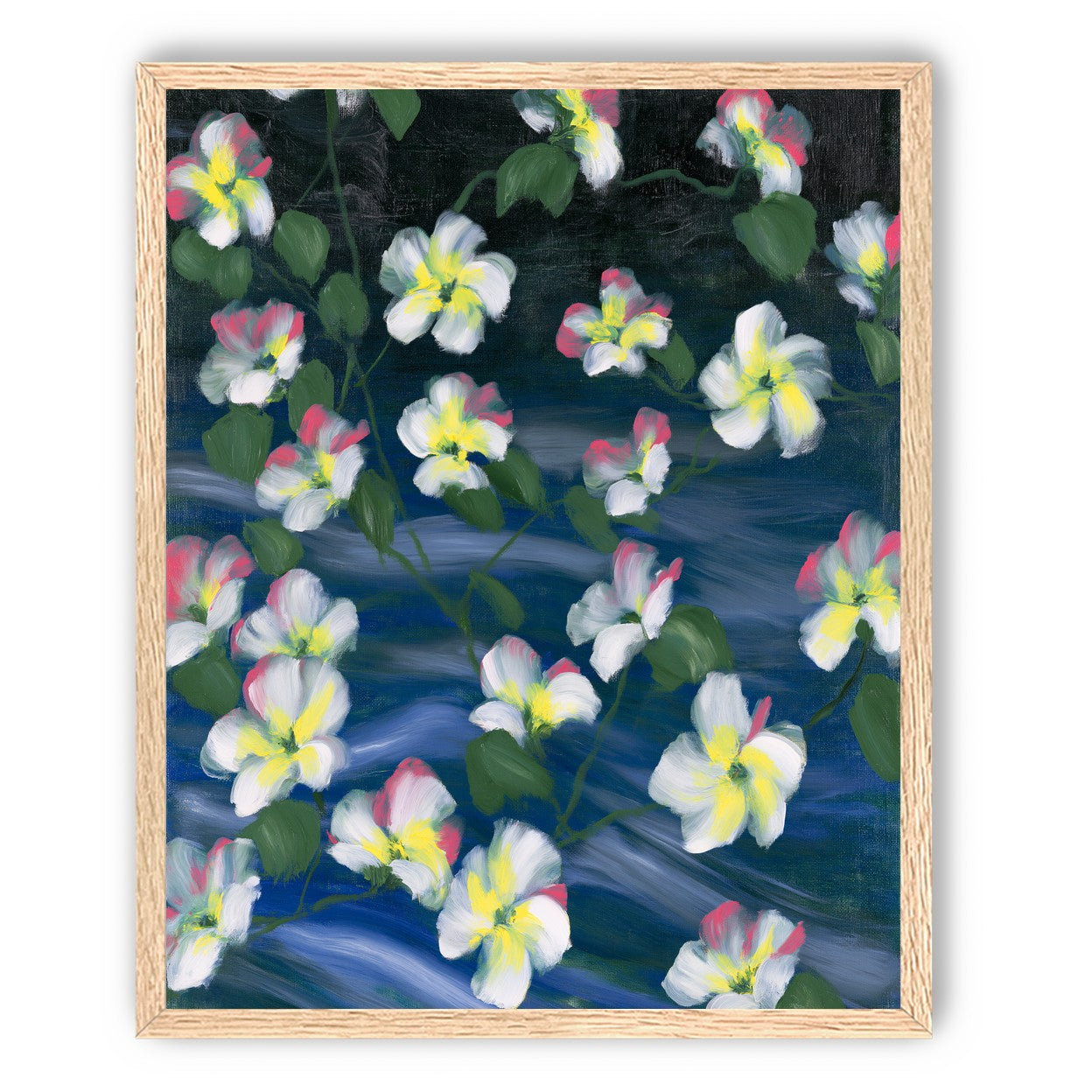 White flowers across deep blue