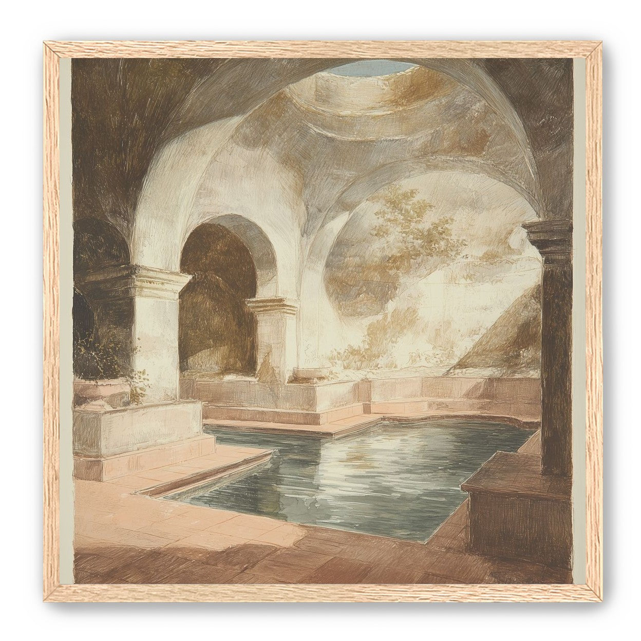 Courtyard pool beneath pale arches