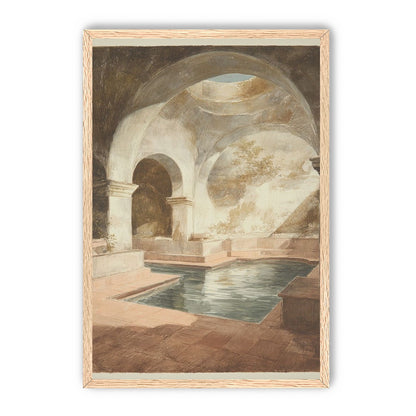 Courtyard pool beneath pale arches