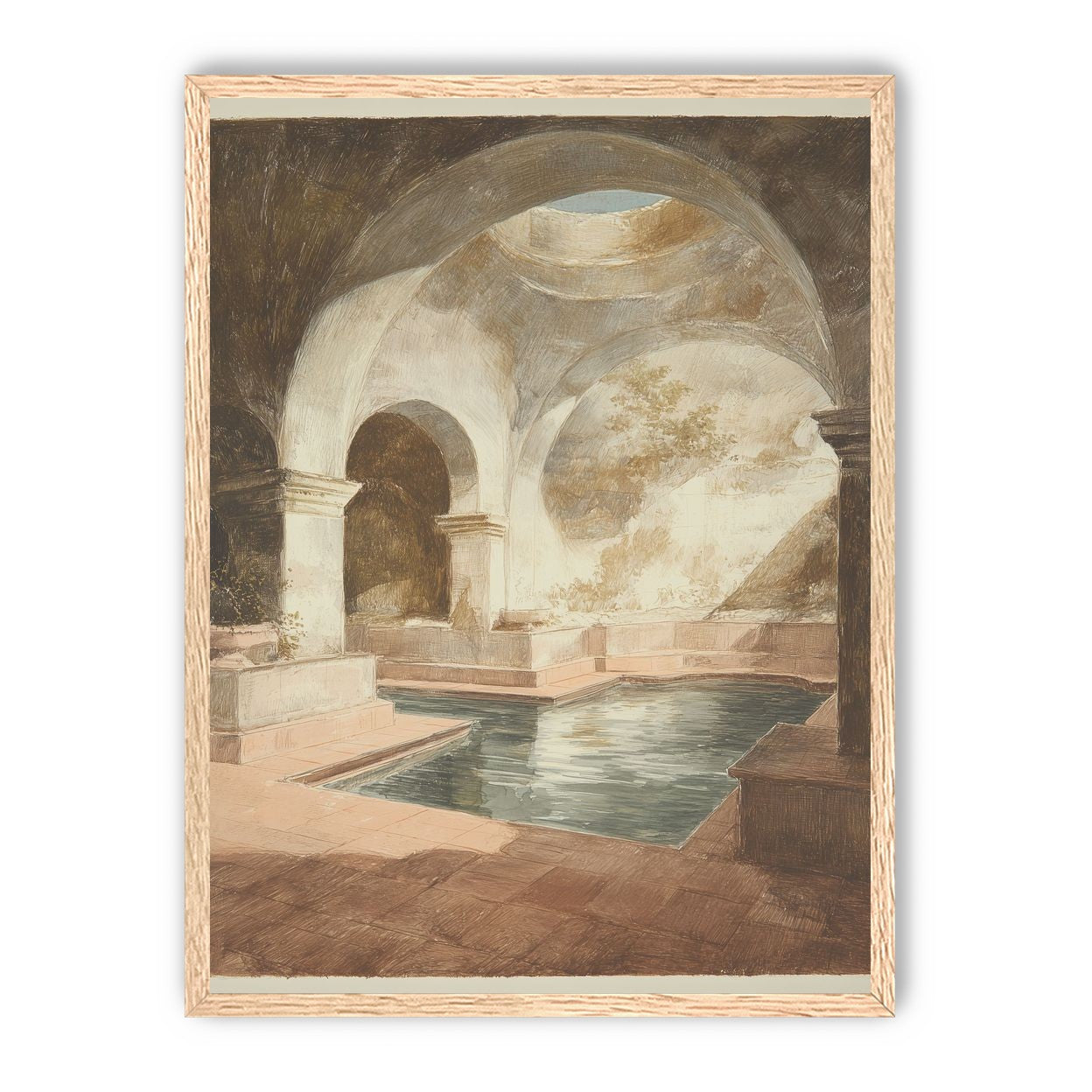 Courtyard pool beneath pale arches
