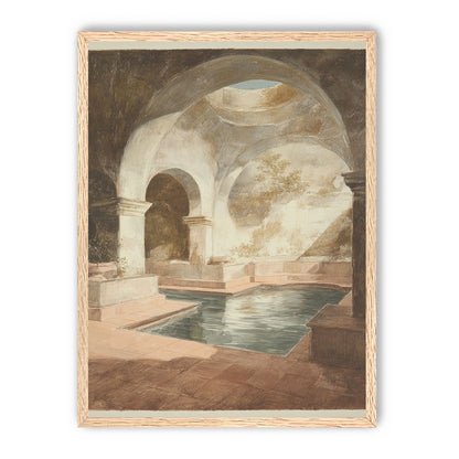 Courtyard pool beneath pale arches