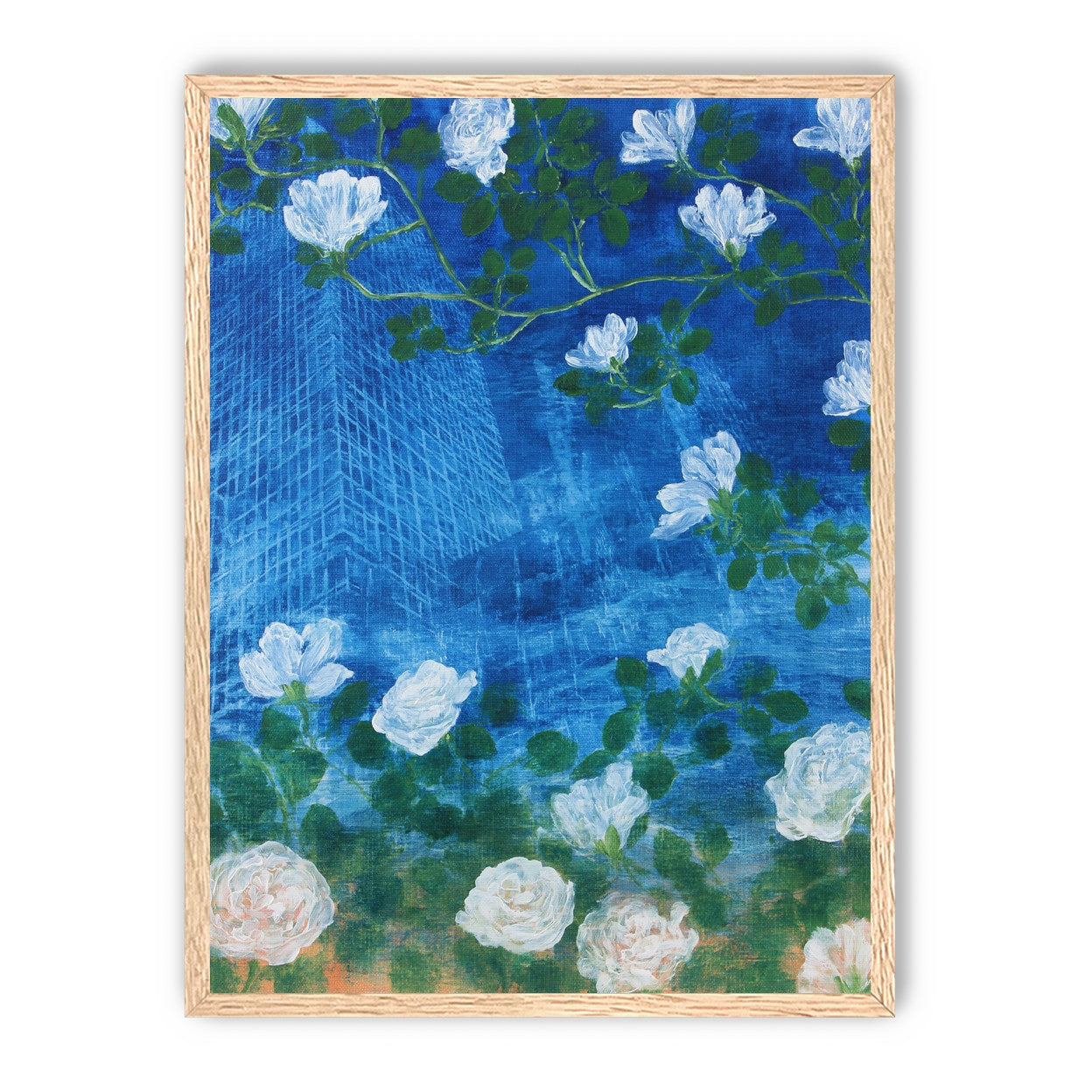 White blossoms on cobalt blue