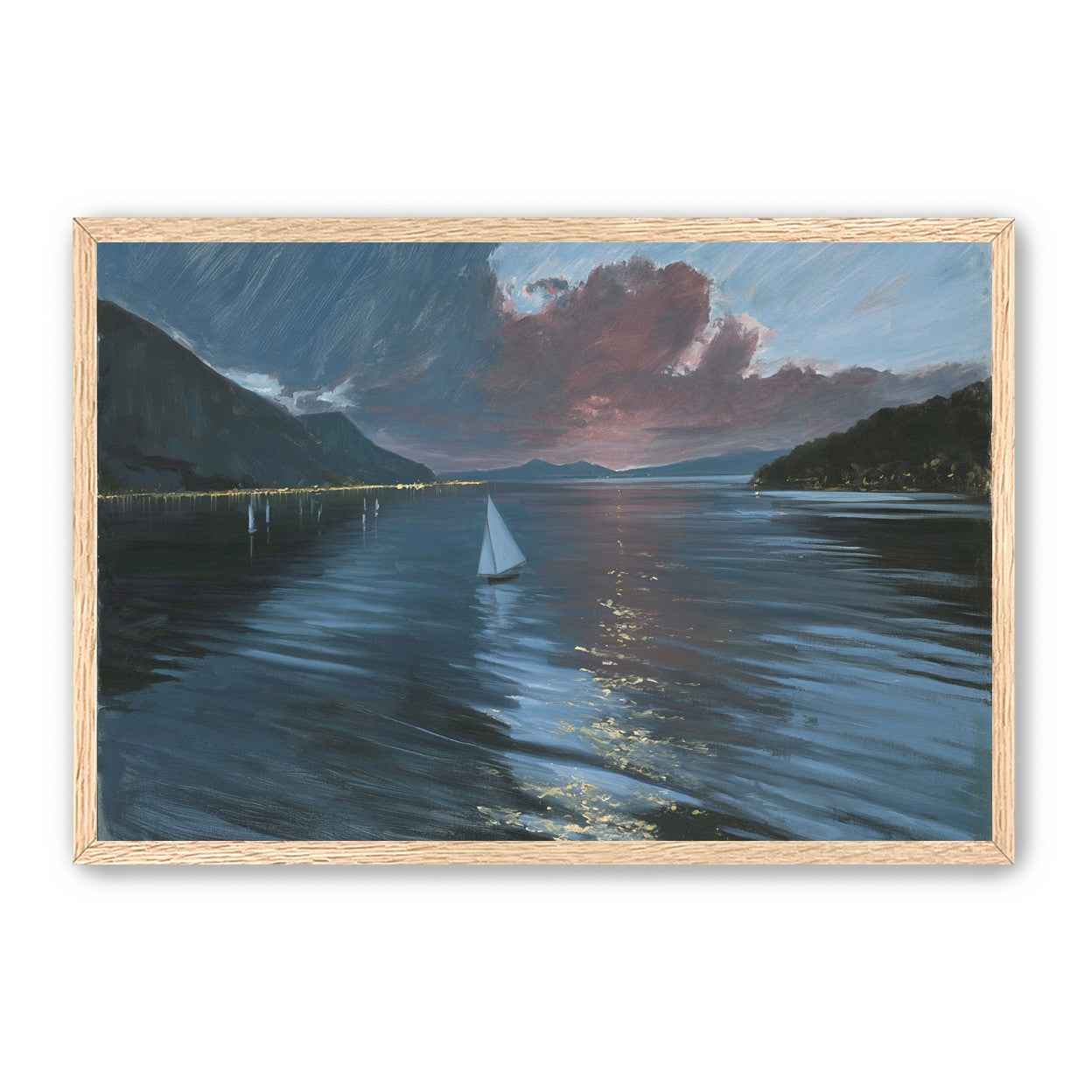 A sailboat beneath storm clouds