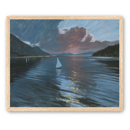 A sailboat beneath storm clouds