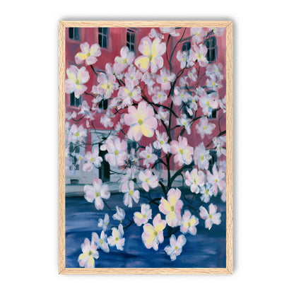 Blossoms across red windows