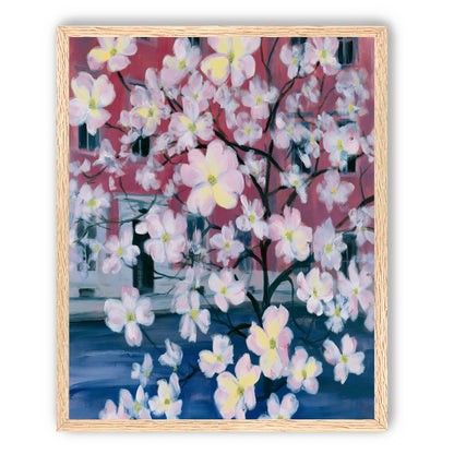 Blossoms across red windows