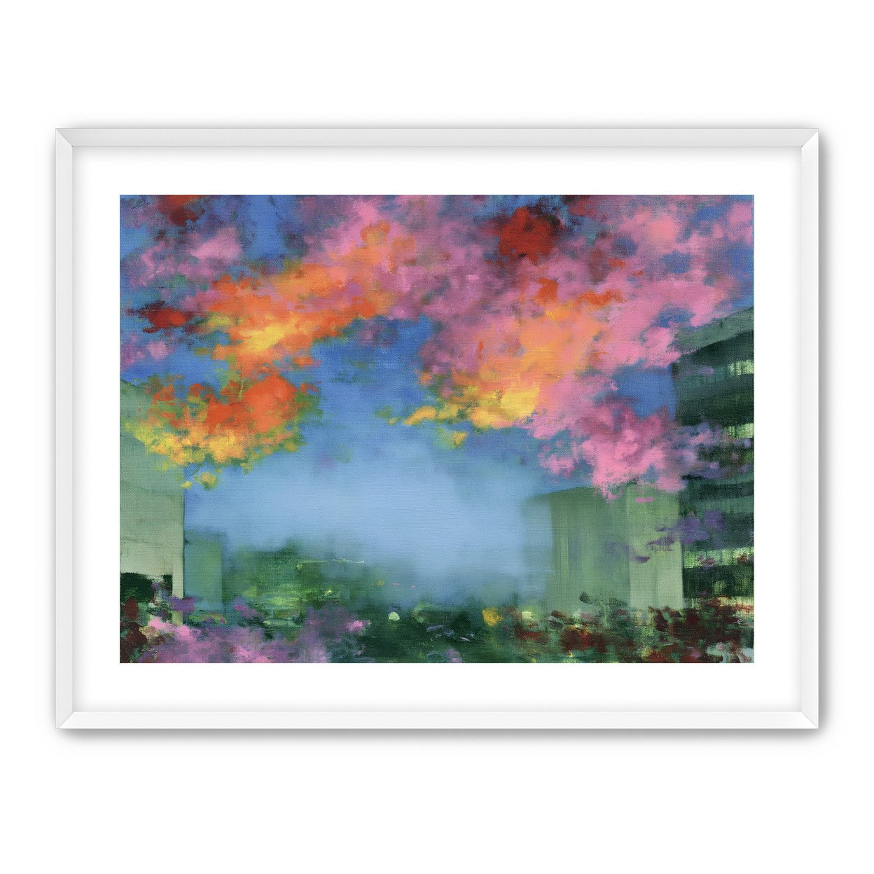 Neon clouds over rooftops