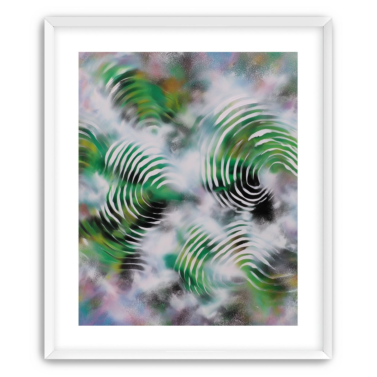 White haze over green spirals