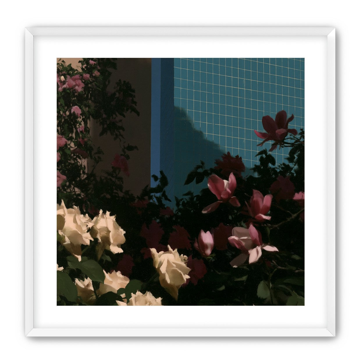 Flowers beneath the tiled wall