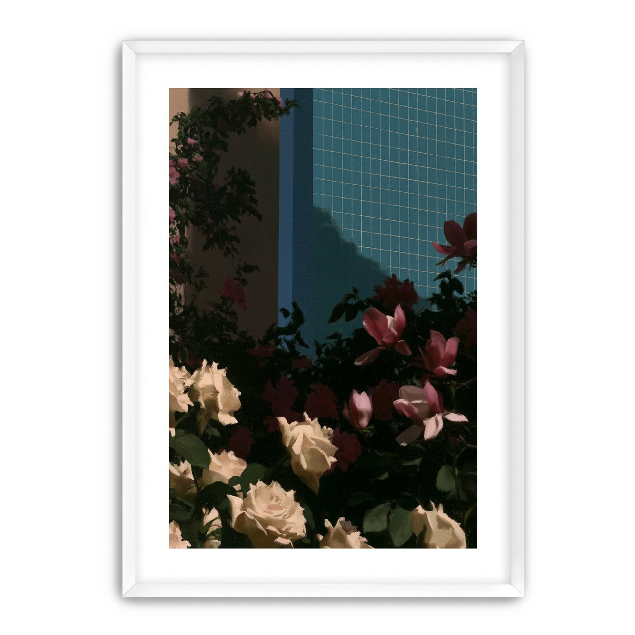 Flowers beneath the tiled wall