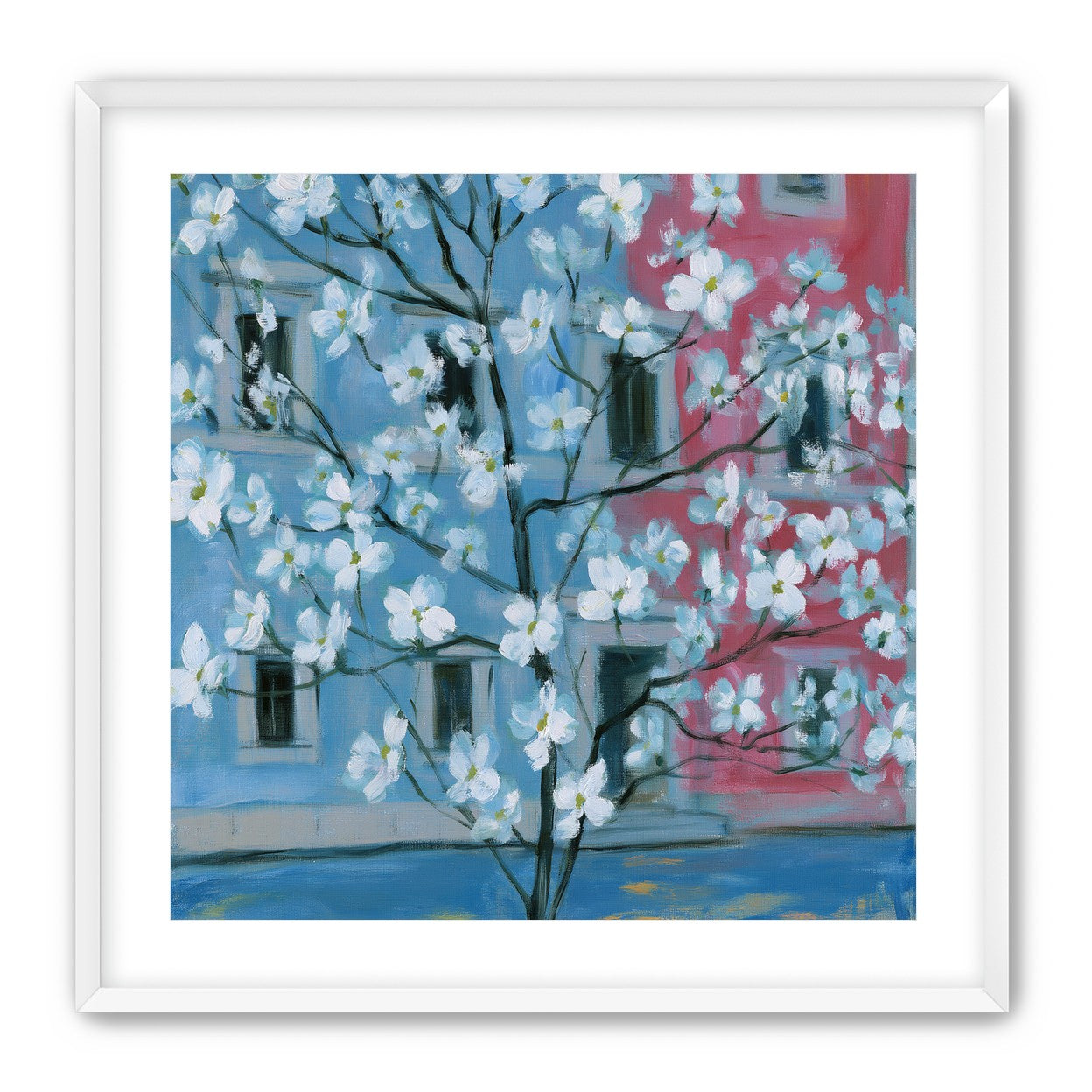 White blossoms across blue and pink
