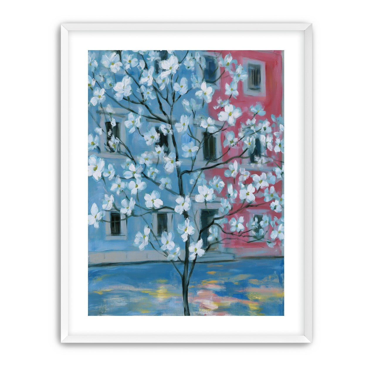 White blossoms across blue and pink