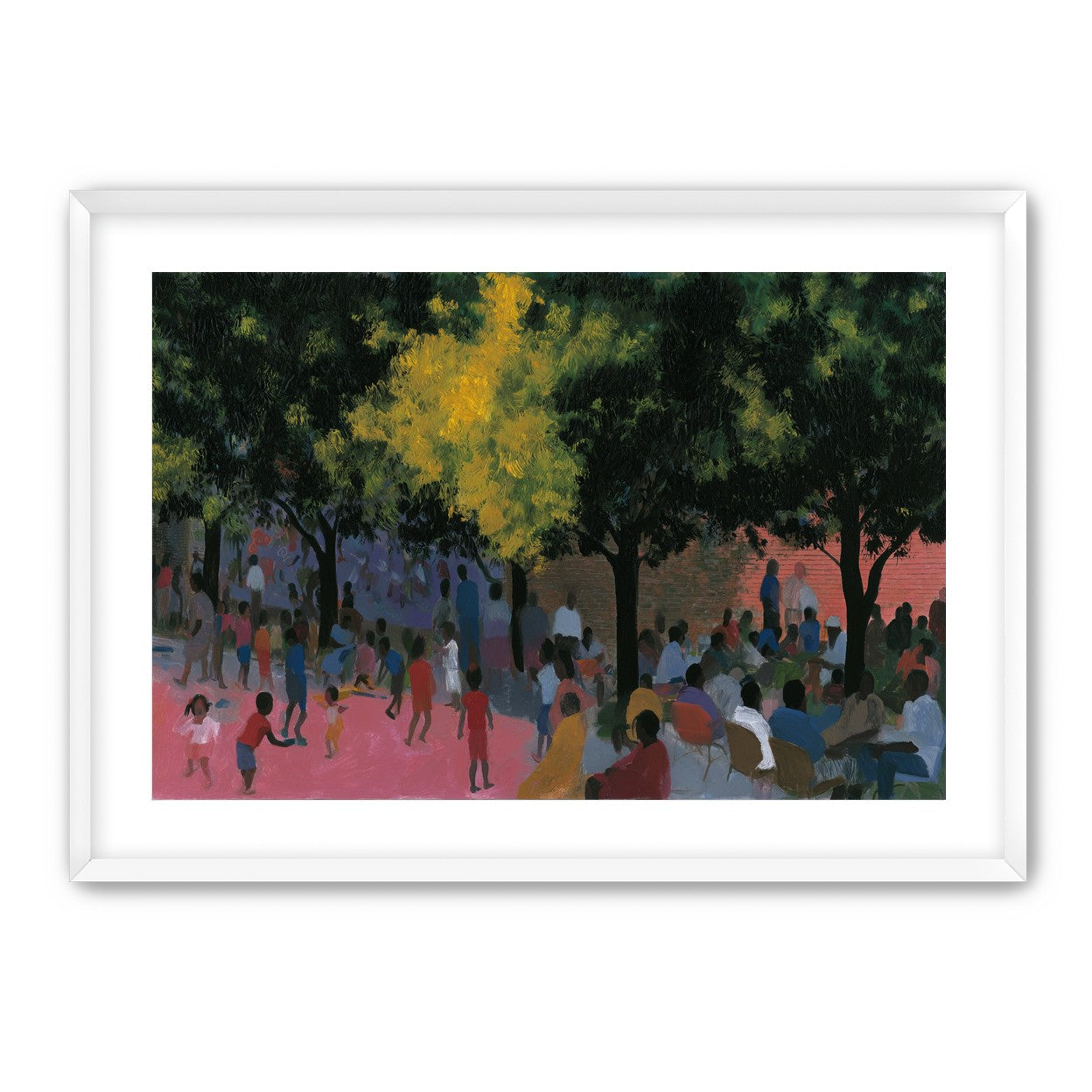 Children playing under trees