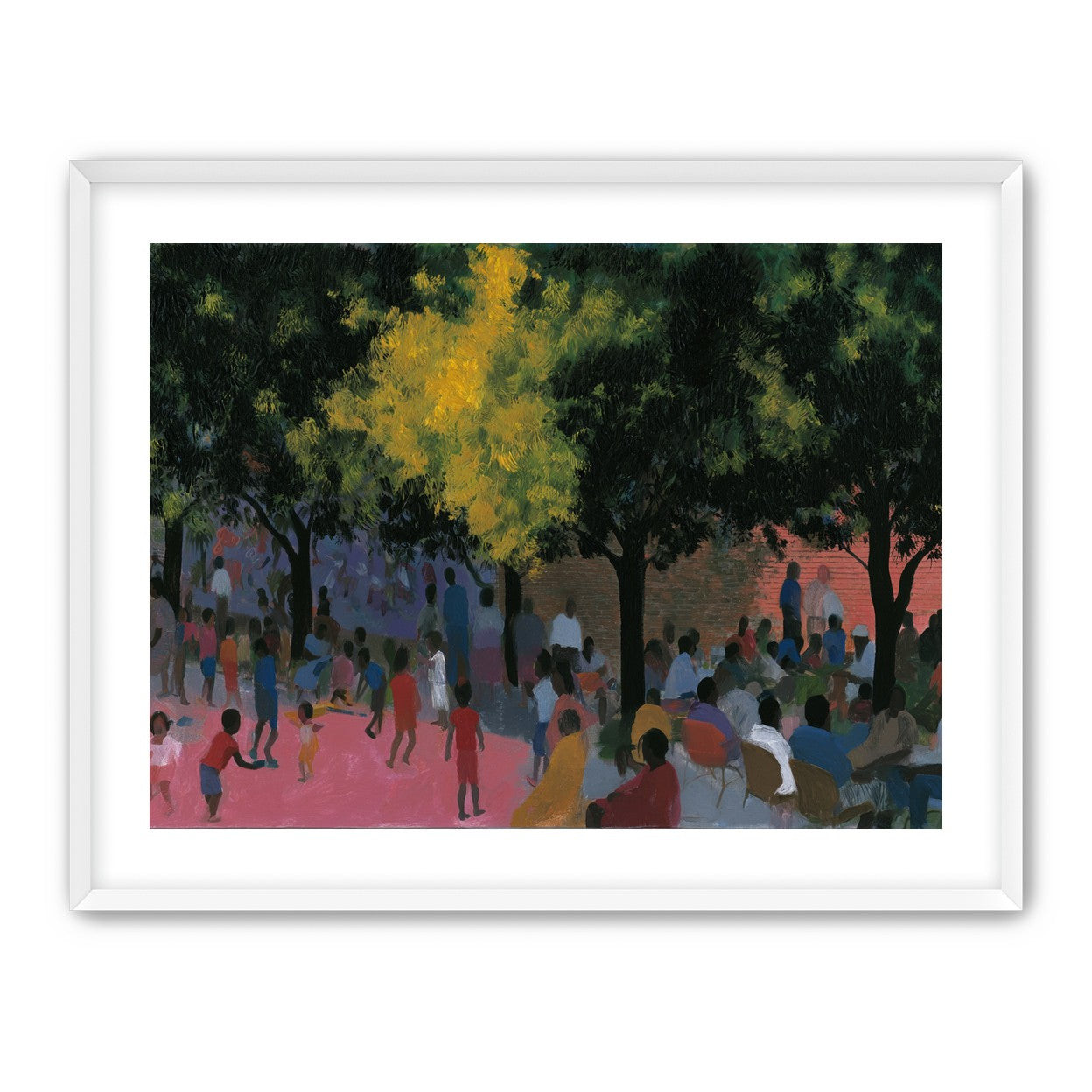 Children playing under trees