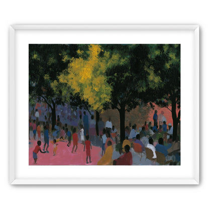 Children playing under trees