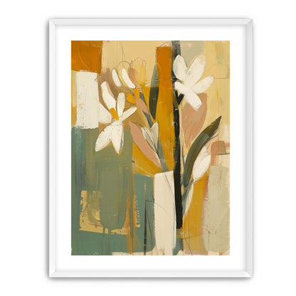 White flowers in ochre blocks