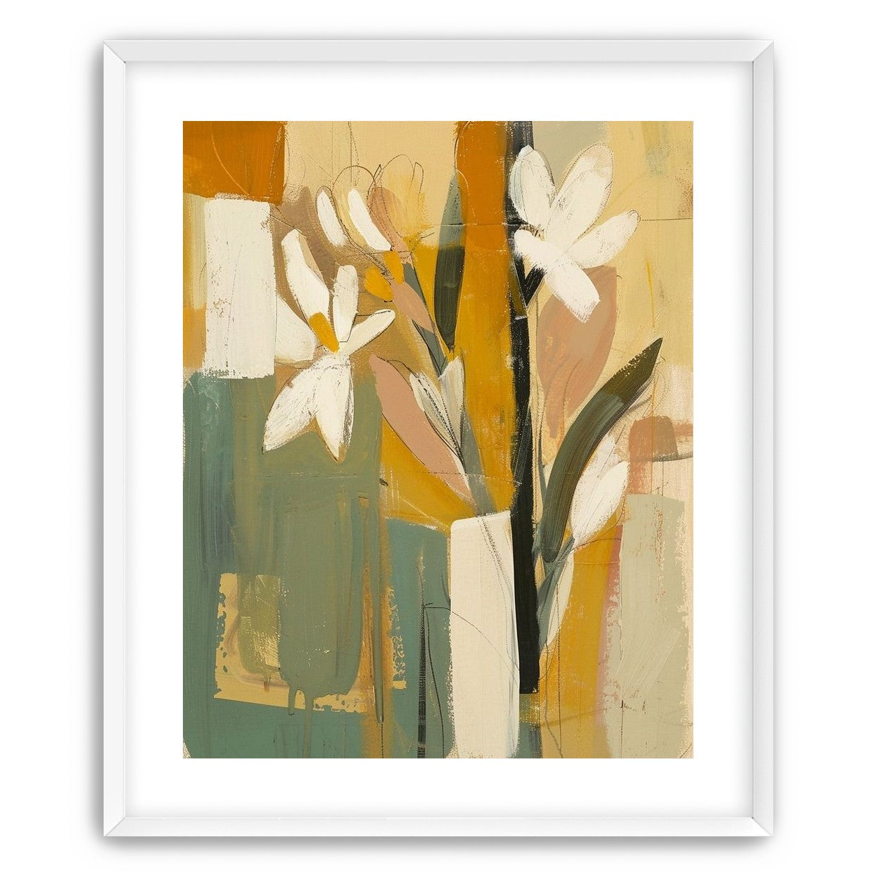 White flowers in ochre blocks