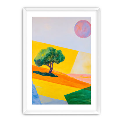 Pink sun over yellow hills