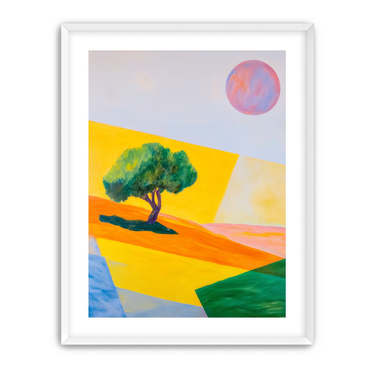 Pink sun over yellow hills