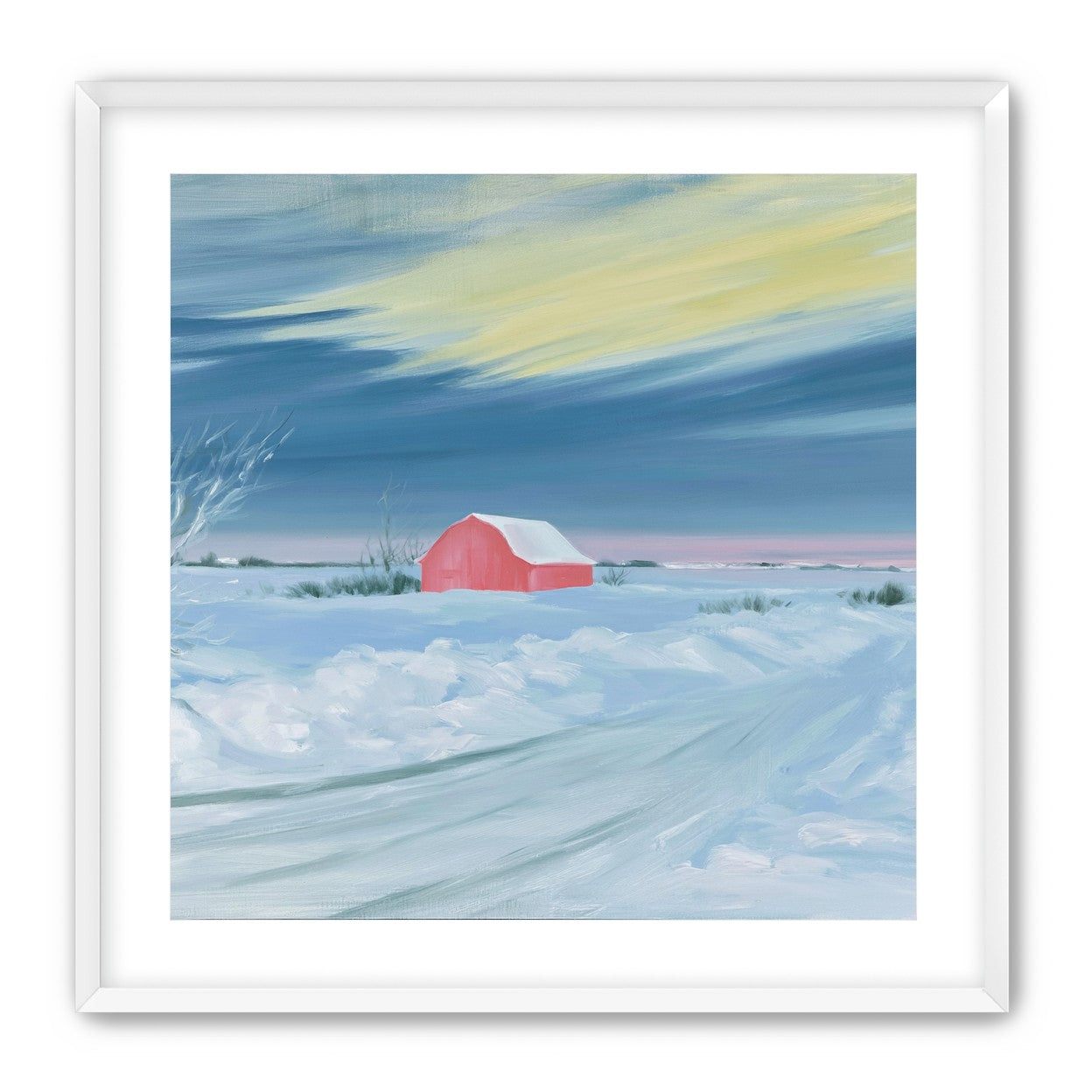Red barn beneath winter sky