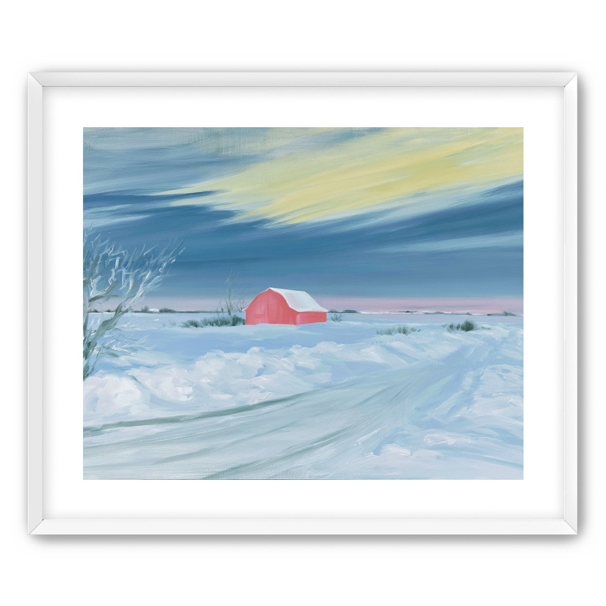 Red barn beneath winter sky