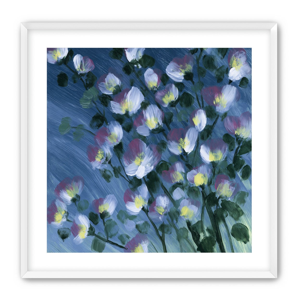 White blossoms on blue field